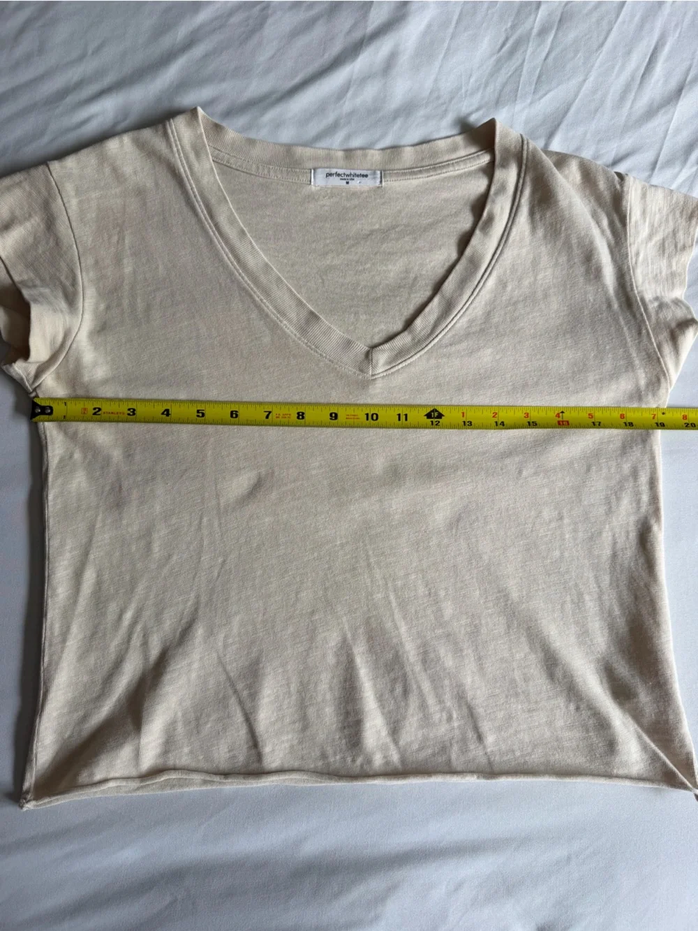 perfectwhitetee "Pearl" Cream 100% Cotton Cropped V-Neck Cap Short Sleeve Tee - Picture 14 of 15